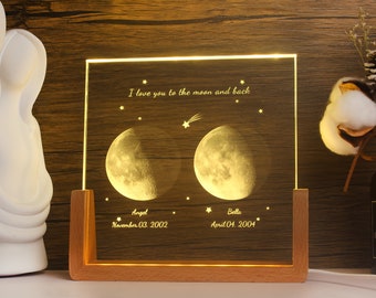 Personalisierte Mondphasen-Kristalllampe, individuelles Mondkristall-Nachtlicht, „Die Nacht, in der wir uns trafen“, Jahrestagsgeschenk, „Der Tag, an dem du geboren wurdest“, Geschenk für Mama