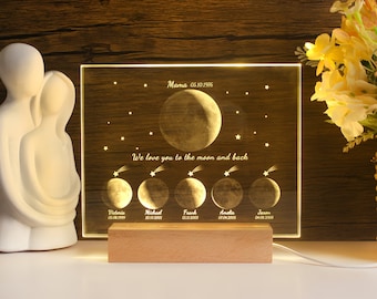 Op de afbeelding: Een verlicht houten bord met een maan- en sterrenontwerp. Het bord heeft de tekst "Mama 05.10.1976 We love you to the moon and back" en bevat de namen en geboortedata van vijf personen: Vidoria 05.08.1999, Michael 30.10.2001, Frank 02.12.2003, Amelia 07.04.2005 en Jasm 04.08.2008.