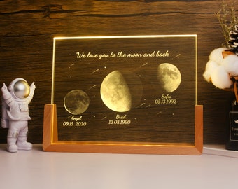 Op de afbeelding: Een verlichte acrylplaquette in een houten frame met een gouden ontwerp van drie halve manen en sterren. De manen zijn gelabeld met namen en data: "Sofia 05.13.1992", "Angel 09.15. 2020" en "Brad 12.08.1990". De tekst "We love you to the moon and back" is ook inbegrepen.