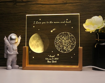 Personalized Moon Phase Crystal Lamp, Custom Star Map, Anniversary Gift
