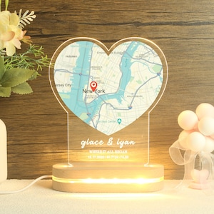 Impression personnalisée de l'emplacement de la carte, Carte du lieu où nous nous sommes rencontrés, Veilleuse en acrylique, Là où tout a commencé, Premier rendez-vous, Premier baiser, Cadeau de fiançailles, Cadeau d'anniversaire