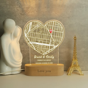 Impression personnalisée de l'emplacement de la carte, Carte du lieu où nous nous sommes rencontrés, Veilleuse en acrylique, Là où tout a commencé, Premier rendez-vous, Premier baiser, Cadeau de fiançailles, Cadeau d'anniversaire