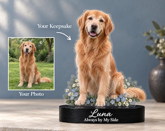Personalized Pet Photo Acrylic Plaque, Custom Dog or Cat Picture with Floral Design & Black Wood Base, Pet Keepsake Gift