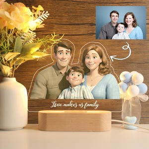 Personalisierter Pixar Familien Portrait ， Benutzerdefinierte Cartoon Portrait Nachtlicht, Cartoon Stil Geschenk ， Pixar Style Fotorahmen ， Geschenk für die Familie