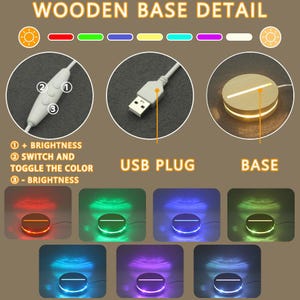 May include: A round wooden light base with a USB plug and a white controller featuring three buttons labeled 1, 2, and 3. The text indicates button 1 increases brightness, 2 switches colors, and 3 decreases brightness. The base displays various colors.