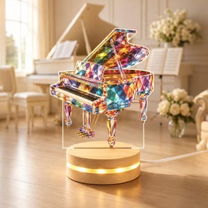 May include: A decorative grand piano figurine featuring a multi-coloured, geometric, stained-glass style pattern. The piano is mounted on a circular, light-coloured wooden base that includes an integrated, glowing warm-toned LED light strip.