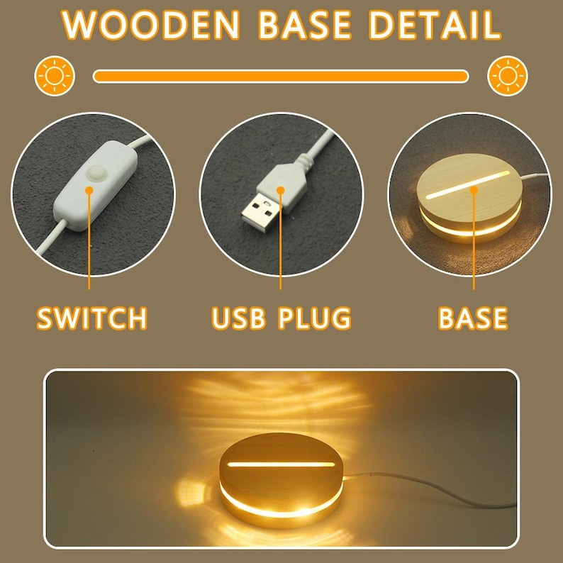 May include: A wooden base detail display featuring a round light-up base with a horizontal slot, a white power cord with a rectangular push-button switch, and a standard USB plug. The text WOODEN BASE DETAIL, SWITCH, USB PLUG, and BASE are visible.