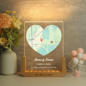 Impresión de ubicación de mapa personalizada, luz de noche acrílica con el mapa donde nos conocimos, dónde comenzó todo, nuestra primera cita, primer beso, regalo de compromiso, regalo de aniversario