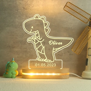 Personalized Dinosaur Night Light: Custom Name, Beech Wood Base