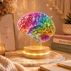 May include: A multi-colored, translucent, faceted brain-shaped lamp mounted on a circular light-wood base. The brain sculpture features a vibrant gradient of red, orange, yellow, green, blue, and purple hues, illuminated from within the base.