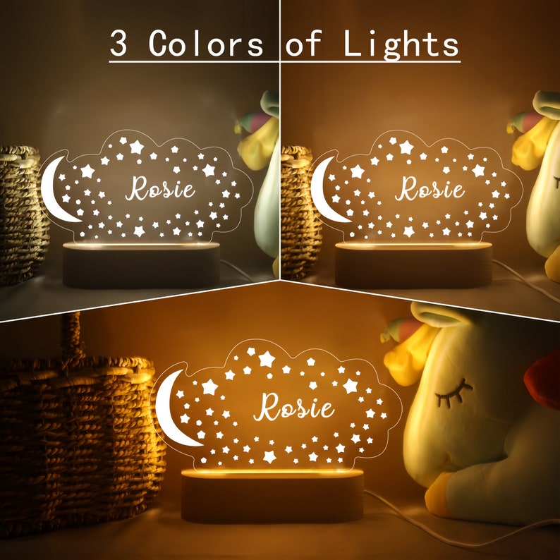 Veilleuse personnalisée avec lune et étoiles, cadeau veilleuse nom personnalisé, cadeau bébé, cadeau personnalisé pour enfant, décoration pour chambre d'enfant, lumière de chevet image 2