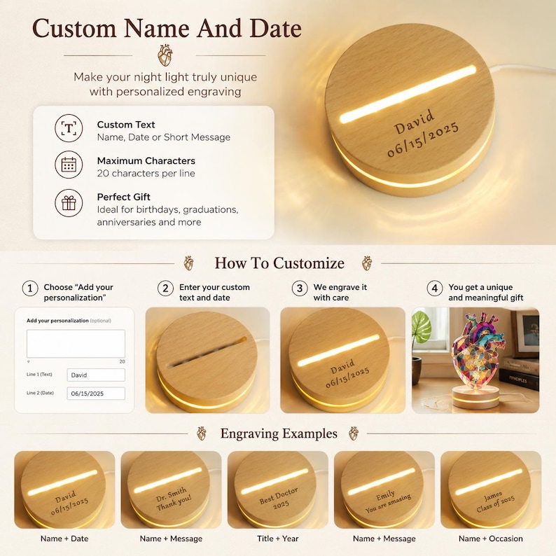 Puede incluir: Una base de luz nocturna redonda de madera clara con una ranura iluminada horizontal. La base presenta un grabado personalizado con el texto David 06/15/2025. La imagen incluye gr&aacute;ficos instructivos para la personalizaci&oacute;n y varios ejemplos de textos grabados.