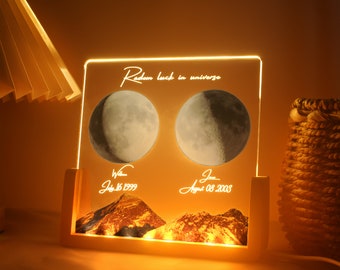 Lampe phases de lune personnalisée, cadeau d'anniversaire la nuit de notre rencontre, cadeau le jour de votre naissance, veilleuse lune personnalisée, cadeau pour couple, fête des mères