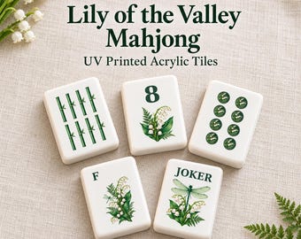 Fichas de mahjong americano Lily of the Valley, juego de acrílico con impresión UV, diseño botánico verde y de libélulas, solo fichas o con tapete a juego.