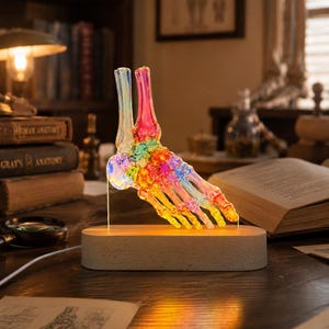 May include: A multi-coloured, translucent glass sculpture of a human foot skeleton, featuring vibrant hues of pink, yellow, blue, and orange. The anatomical foot model is mounted on a smooth, oval-shaped light-coloured wooden base with an integrated light.