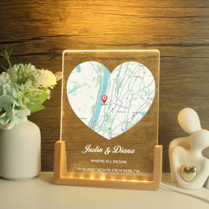 Impression personnalisée de l'emplacement de la carte, Carte du lieu où nous nous sommes rencontrés, Veilleuse en acrylique, Là où tout a commencé, Premier rendez-vous, Premier baiser, Cadeau de fiançailles, Cadeau d'anniversaire