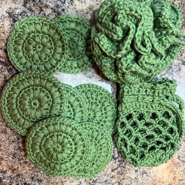 100% Cotton / Bath Spa Set / Reusable / Washable / Loofah / Face Scrubbies / Eye Scrubbies / Soap Bag / Handmade / Crochet