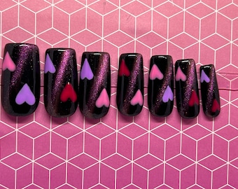 Black Cat Eye Press On Nails: Pink & Purple Hearts, Handmade Gel Nails