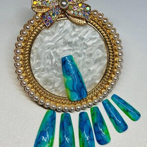 Hand-Painted Ocean Marble Press On Nail Set - Square, Coffin, Stiletto, Almond