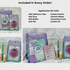 May include: An image showcasing nail application kits. Each kit includes nail adhesive tabs, glue, buffer, file, cuticle pusher, alcohol wipes, an instruction card, and cuticle oil. The kits are packaged in iridescent purple pouches.