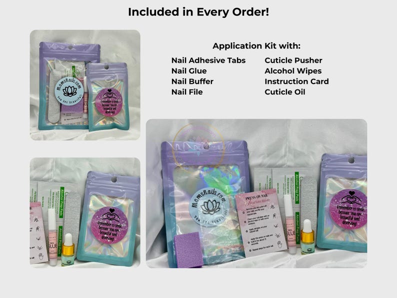 May include: An image showcasing nail application kits. Each kit includes nail adhesive tabs, glue, buffer, file, cuticle pusher, alcohol wipes, an instruction card, and cuticle oil. The kits are packaged in iridescent purple pouches.