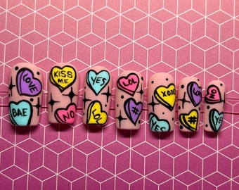 Candy Hearts Valentine's Day Nails in Matte Gel Press On Nails - Square, Squoval, Coffin, Stiletto, Almond, Round
