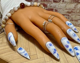 Blue & White Porcelain Floral Press-On Nails | Custom Shape  | Length | Builder Gel Strength | Handmade