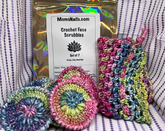 Crochet Face Scrubbies / Make Up Remover Pads / Mesh Storage Bag / Pink, Green, Purple / Eco-Friendly / 100% Cotton