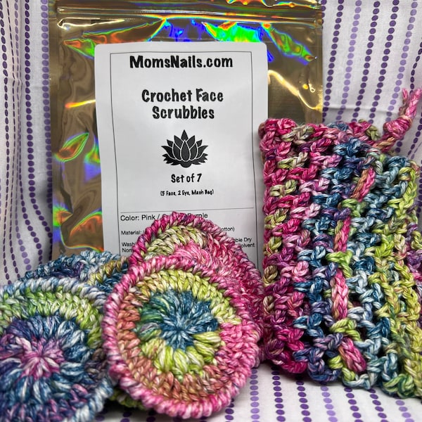 Crochet Face Scrubbies / Make Up Remover Pads / Mesh Storage Bag / Pink, Green, Purple / Eco-Friendly / 100% Cotton