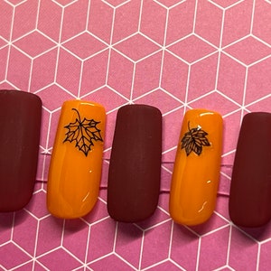 Maroon and Orange Matte and Gloss Gel Press On Nails - Square, Squoval, Coffin, Stiletto, Almond, Round