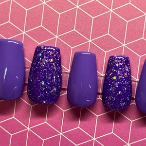 Purple and Glitter Accent Gel Press On Nails - Square, Squoval, Coffin, Stiletto, Almond, Round