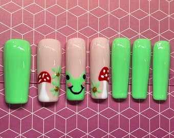 Green Frog and Mushroom NailsGel Press On Nails - Square, Squoval, Coffin, Stiletto, Almond, Round