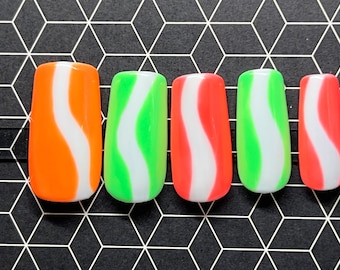 Candy Nails in Pink, Green, Orange Gel Press On Nails - Square, Squoval, Coffin, Stiletto, Almond, Round