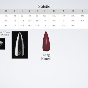 May include: A chart detailing stiletto nail measurements, including length, width, and curvature in millimeters. The chart includes a visual of a natural nail shape and a long natural nail. The text "Stiletto" is at the top.