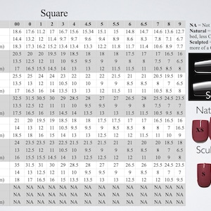 May include: A chart detailing square nail tip measurements in millimeters, including length, width, and curvature, for various sizes from extra short to XXLong, both natural and sculpted.