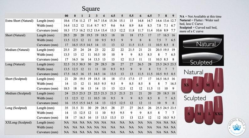 May include: A chart detailing square nail tip measurements in millimeters, including length, width, and curvature, for various sizes from extra short to XXLong, both natural and sculpted.