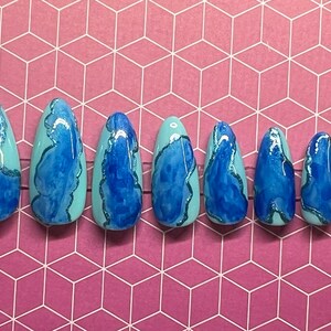 Blue Marble Gel Press On Nails - Square, Squoval, Coffin, Stiletto, Almond, Round