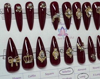 Red & Gold Charm Stiletto Press-On Nails: Royal Gel Nail Set