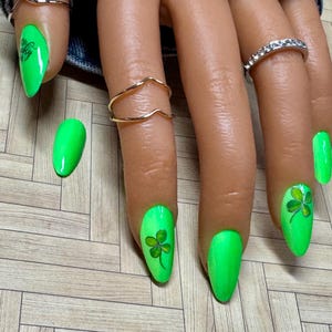 St. Patrick’s Day Clover Press-On Nails – Handmade Custom Nails - Square, Squoval, Coffin, Stiletto, Almond, Round