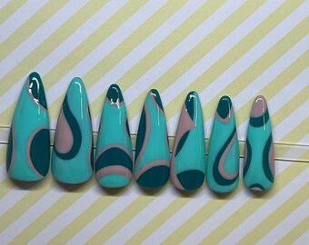 Teal / Blue / Auqastone Gel Press On Nails - Square, Coffin, Stiletto, Almond