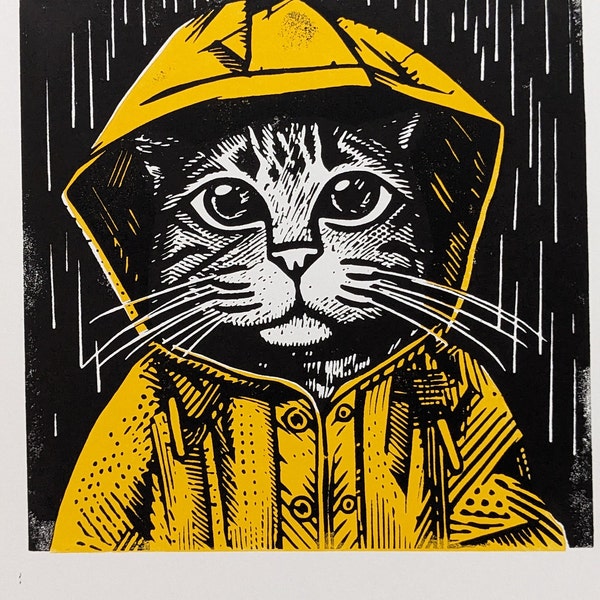 Linoldruck Katze im gelben Regenmantel