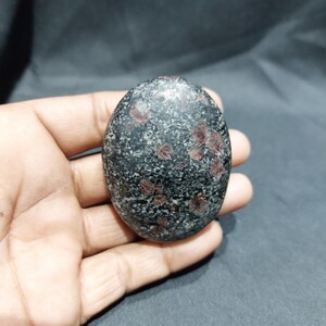 Op de afbeelding: Ovaalvormige gepolijste steen met een donkergrijze basis en verspreide roodbruine vlekken. De steen heeft een gladde, afgeronde vorm en een gespikkelde textuur. De steen wordt in een hand gehouden.