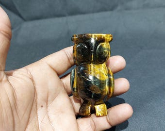 Tiger Eye Owl Carving - Natural Gemstone Figurine, Home Decor