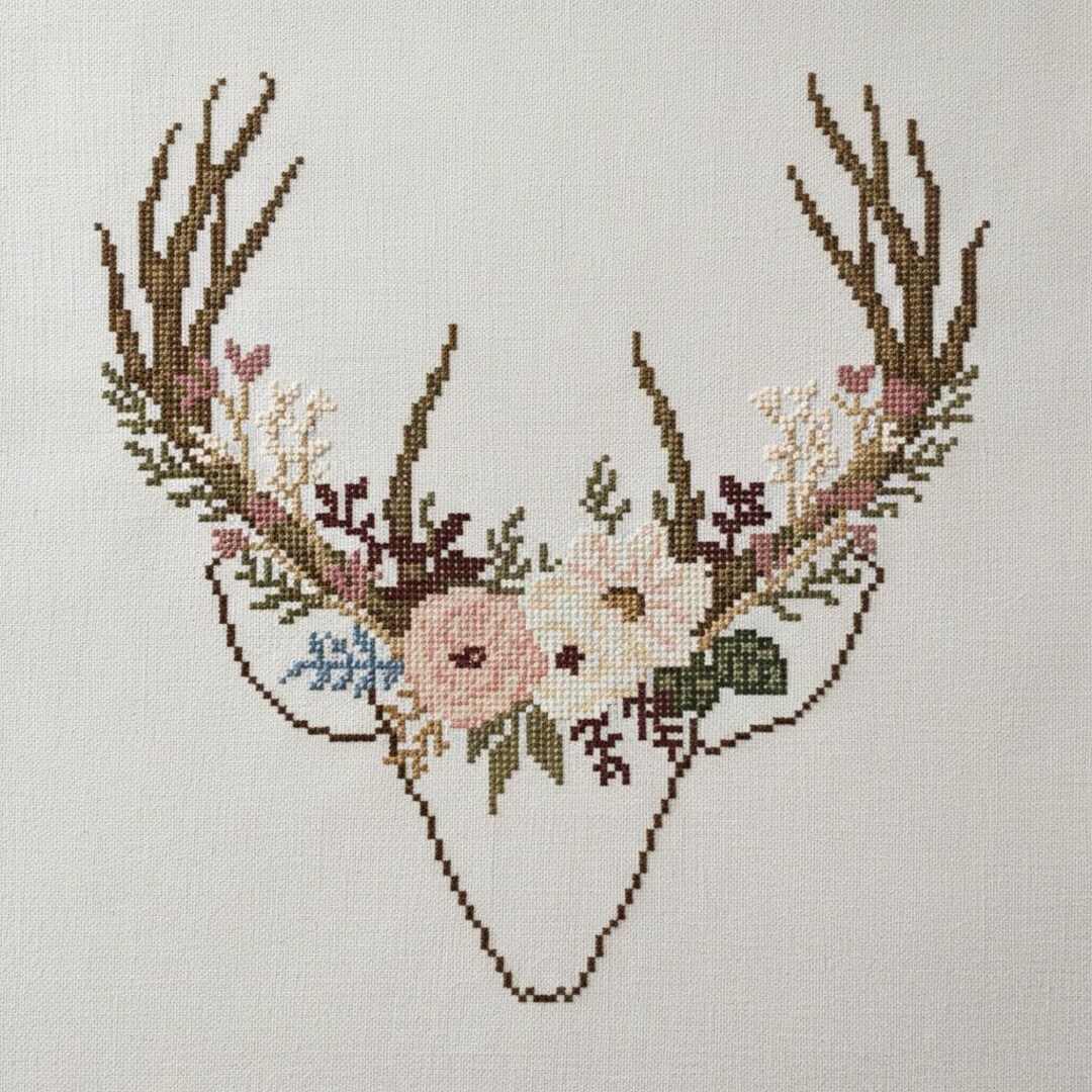 Deer Antler Cross Stitch Pattern PDF – Floral Deer Skull Embroidery ...