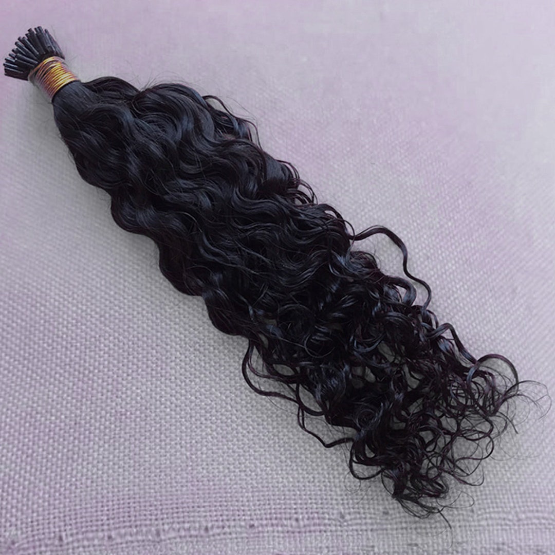 Natural Black Curly I Tip Human Hair Extensions Water Wave Etsy