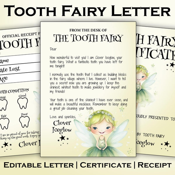 Lettera stampabile della fatina dei denti, certificato, ricevuta, modificabile, PDF, set di lettere della fatina dei denti, download istantaneo