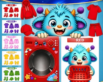 Preschool Color Sorting Activity, Laundry Matching Game, Monster Theme (Digital Download)