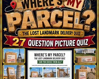 Where’s My Parcel Quiz, Landmark Picture Quiz, Printable Family Game, Famous Landmarks Party Quiz, Bonus Watch Along, Digital Download