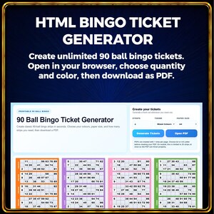 以下が含まれることがあります： HTML BINGO TICKET GENERATORというテキストと、90ボールビンゴチケットを無制限に作成するための手順が表示されたHTMLビンゴチケット生成インターフェース。画面には、ストリップ、テーマ、用紙サイズを選択するためのデジタルダッシュボードが表示されています。