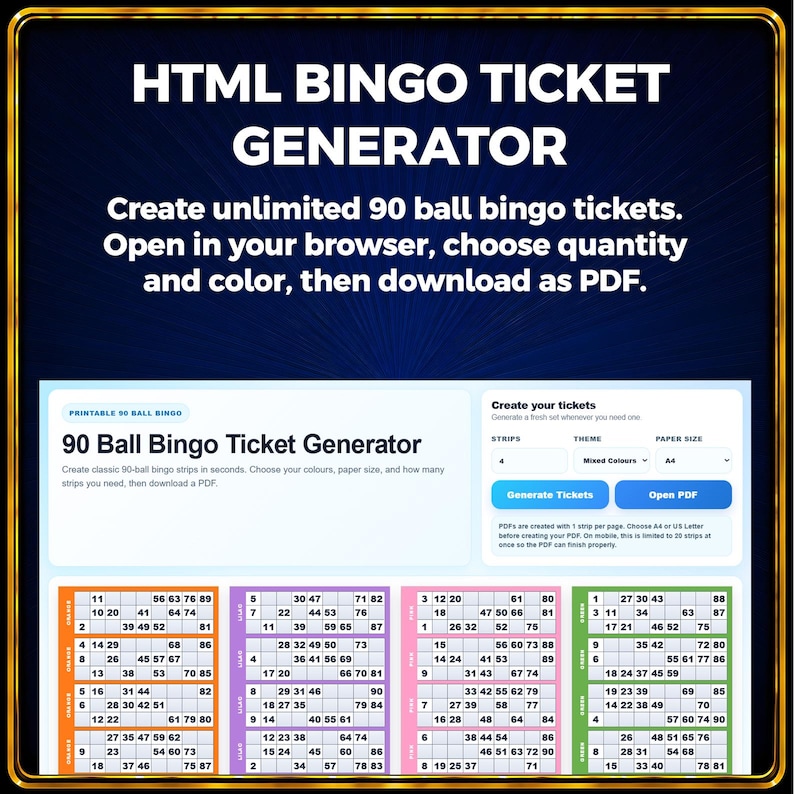以下が含まれることがあります： HTML BINGO TICKET GENERATORというテキストと、90ボールビンゴチケットを無制限に作成するための手順が表示されたHTMLビンゴチケット生成インターフェース。画面には、ストリップ、テーマ、用紙サイズを選択するためのデジタルダッシュボードが表示されています。